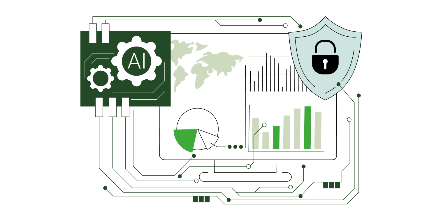 Illustration of AI technology with data charts, a world map, and a security shield with a lock symbol.