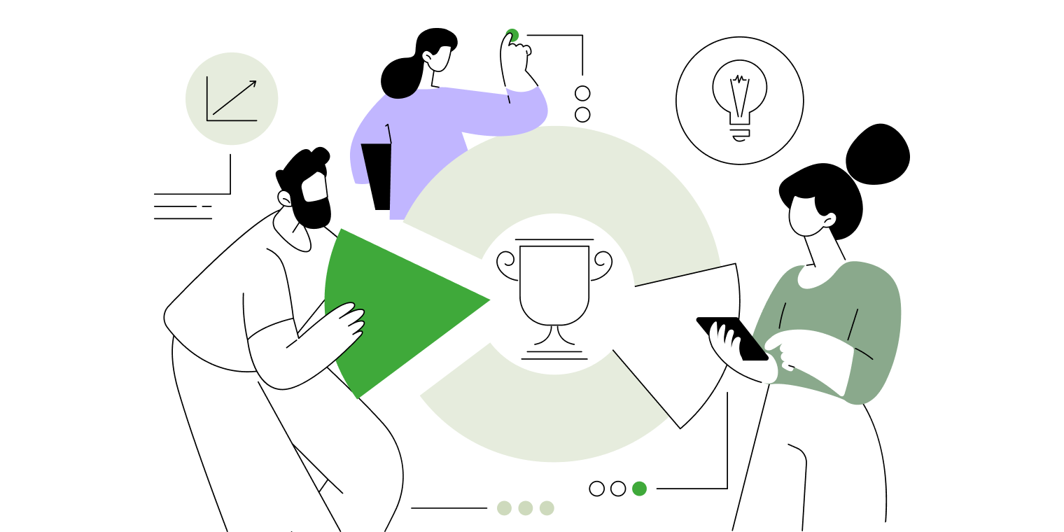 Illustration of three people collaborating around a circular chart with a trophy icon in the center, symbolizing teamwork and achievement.