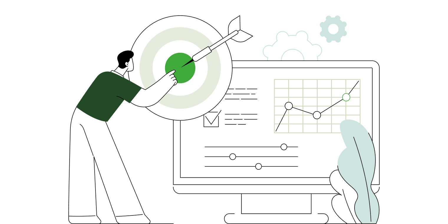 Person pointing at the bullseye of a target with a dart while looking at a computer screen displaying a line graph and sliders.