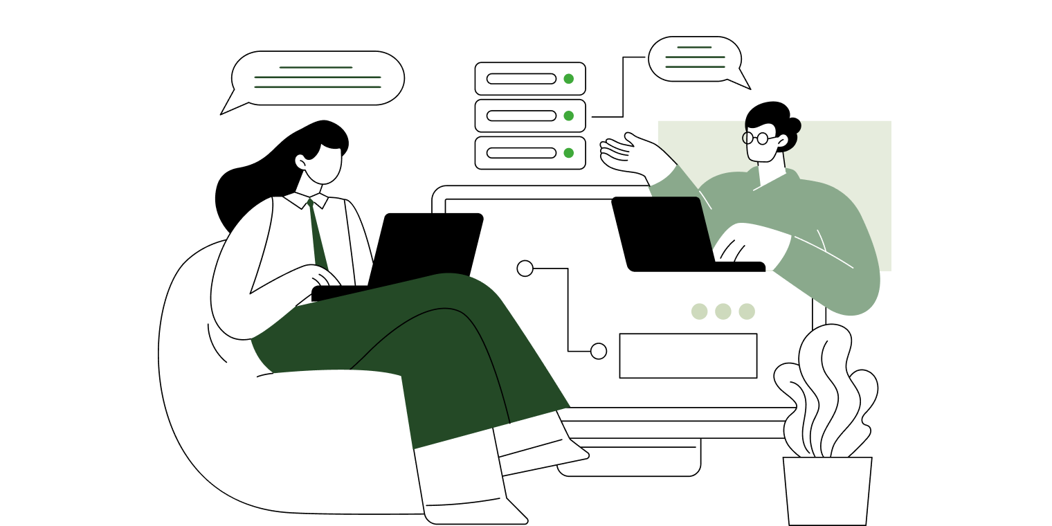 Illustration of a man and a woman working on laptops and discussing software development or data analysis, with connected interface elements and speech bubbles.