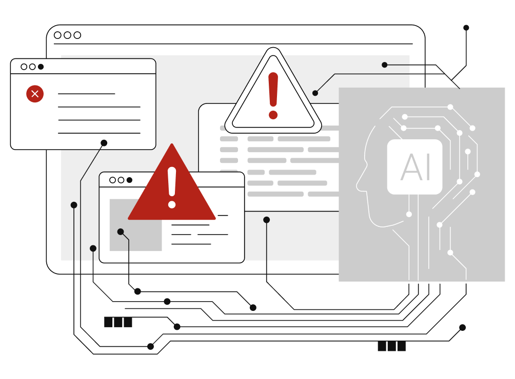 Illustration of computer screens with warning symbols and an AI profile icon connected by circuit-like lines.