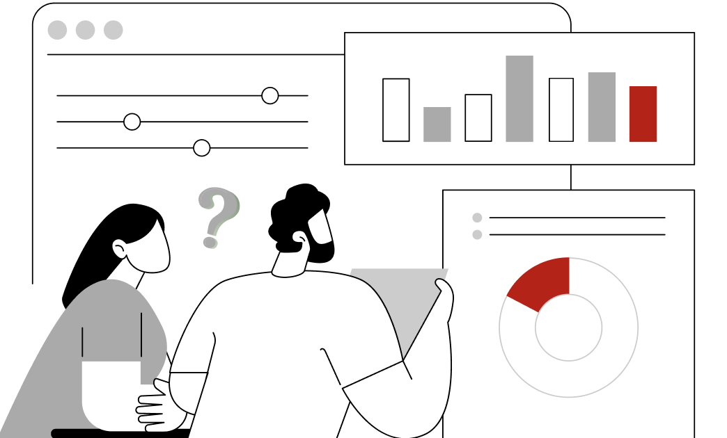 Illustration of two people reviewing charts and data, with one person holding a tablet and question mark symbols above their heads.