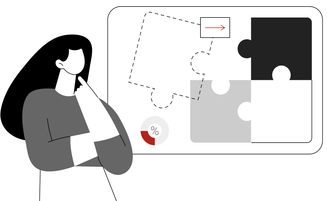 Illustration of a person thinking while looking at a screen with puzzle pieces, one outlined with a red arrow pointing right, and a small pie chart showing a percentage.